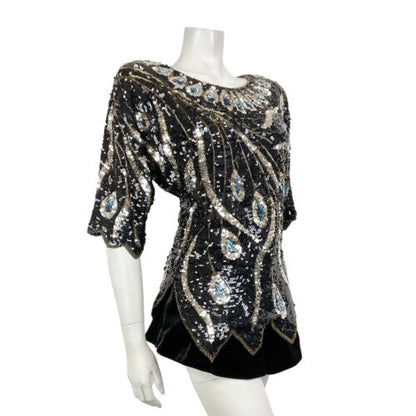 VTG 70s 80s BLACK SILVER BLUE PEACOCK FEATHER SEQUIN DISCO STUDIO 54 TOP 12 14