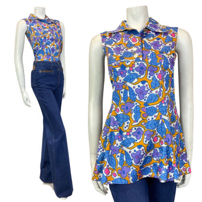 VINTAGE 60s 70s WHITE PURPLE BLUE GEOMTERIC FLORAL SLEEVELESS BLOUSE 8 10