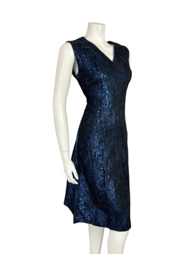 VTG 60S NAVY BLUE BLACK PAISLEY BROCADE N NECK SLEEVELESS PARTY MIDI DRESS 12