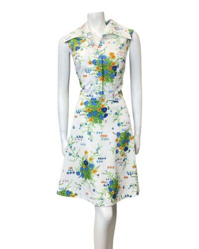 VINTAGE 60s 70s WHITE GREEN BLUE FLORAL BOUQUET SLEEVELESS SWING DRESS 16 18