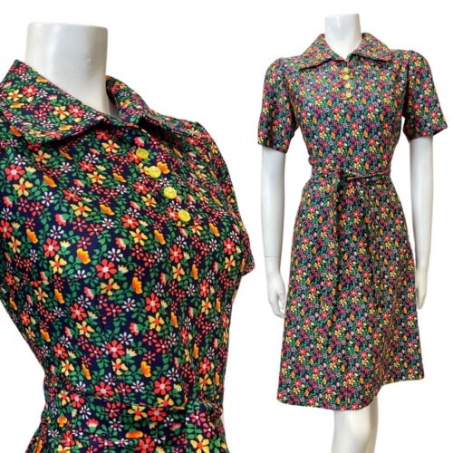 VINTAGE 60s 70s BLUE GREEN ORANGE DITSY DAISY FLOWER SHIRT SWING DRESS 12 14