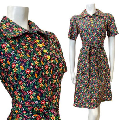 VINTAGE 60s 70s BLUE GREEN ORANGE DITSY DAISY FLOWER SHIRT SWING DRESS 12 14