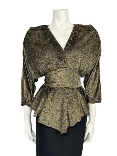 VTG 70S GOLD BLACK LUREX PLUNGING NECKLINE BATWING PEPLUM PARTY DISCO DRESS 10