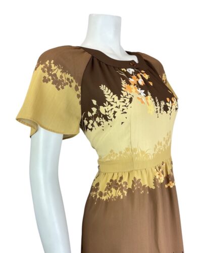 VINTAGE 70s 90s BROWN CREAM ORANGE AUTUMN LEAFY FLORAL FITTED DRESS 8