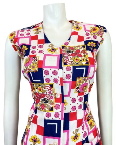 VINTAGE 60s 70s WHITE RED BLUE FLORAL GEOMETRIC PATCHWORK SLEEVELESS DRESS 12 14