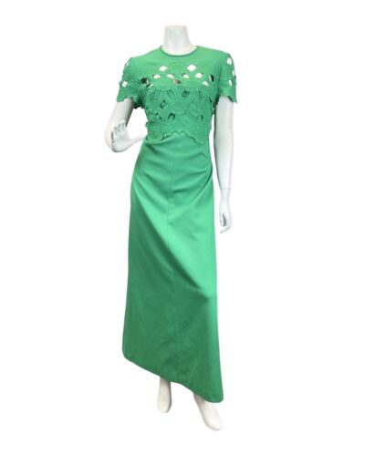 VINTAGE 60s 70s APPLE GREEN FLORAL EMBROIDERED CUT-OUT MOD MAXI DRESS 14