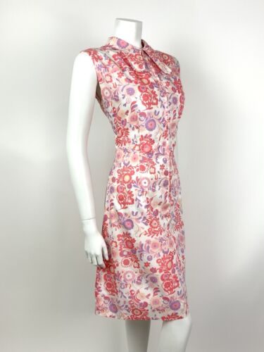 VTG 60s 70s WHITE PINK PURPLE PSYCHEDELIC FLORAL SPOON COLLAR SHIRT DRESS 12 14