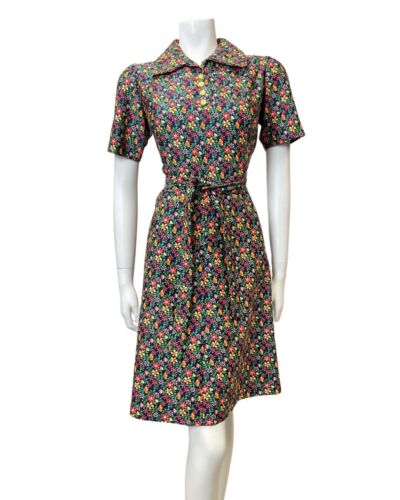 VINTAGE 60s 70s BLUE GREEN ORANGE DITSY DAISY FLOWER SHIRT SWING DRESS 12 14