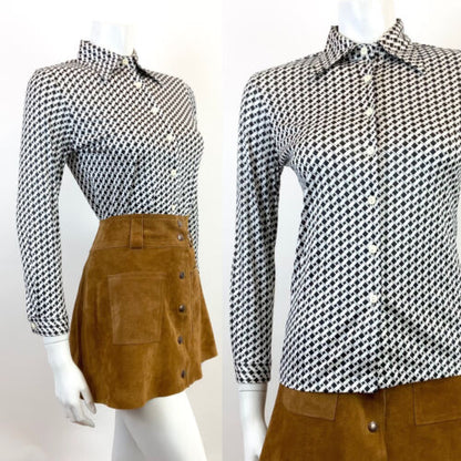 VTG 60s 70s BLACK WHITE BASKETWEAVE GEOMETRIC OP-ART DAGGER SHIRT BLOUSE 8 10