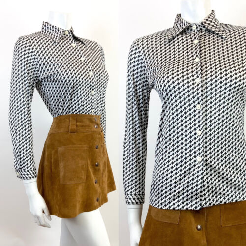 VTG 60s 70s BLACK WHITE BASKETWEAVE GEOMETRIC OP-ART DAGGER SHIRT BLOUSE 8 10