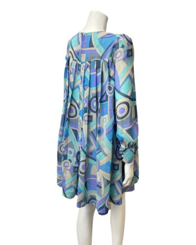 VINTAGE 60s 70s BLUE PURPLE CREAM GEOMETRIC PLEATED MOD TENT DRESS 8 10