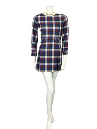 VTG 60S MOD RED BLUE WHITE GREEN TARTAN PLEATED CROTCHED COLLAR SMOCK DRESS 8