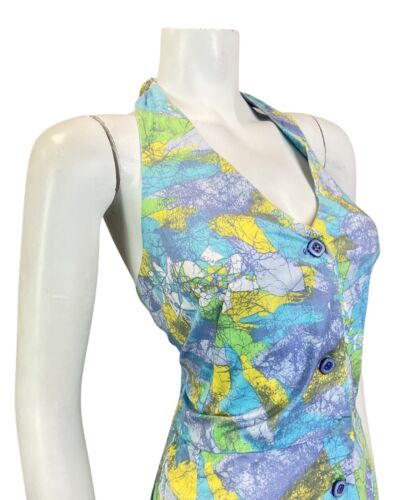 VINTAGE 60s 70s BLUE GREEN YELLOW PSYCHEDELIC HALTER SWING DRESS 12 14