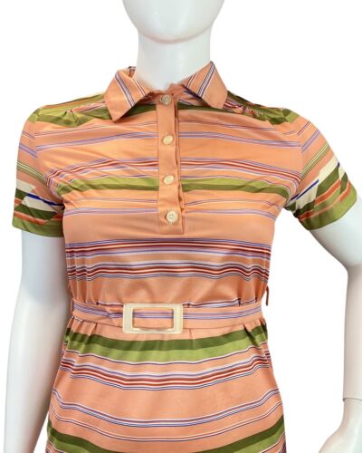 VINTAGE 60s 70s ORANGE GREEN RED STRIPED BELTED MOD SHIRT DRESS 14 16