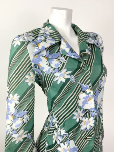 VINTAGE 60s 70s GREEN CREAM BLUE STRIPED FLORAL DAGGER COLLAR SHIRT DRESS 12
