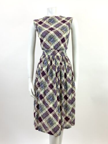 VTG 60s 70s WHITE PURPLE GREEN ORANGE CHECKED PLAID BLOUSON SLEEVELESS DRESS 10