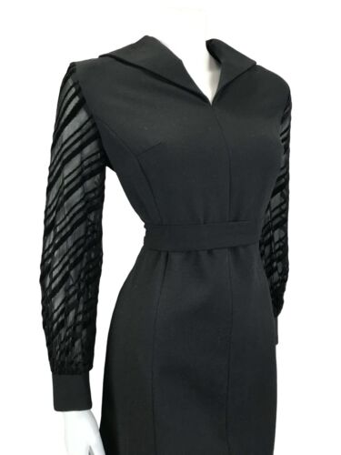 VTG 60S BLACK STRIPED BURNOUT VELVET SAILORS COLLAR BELTED LBD PARTY DRESS 14