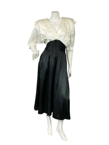 VTG 70S CHOON WHITE BLACK BATWING BERTHA COLLAR TIE WAIST EVENING PARTY DRESS 4