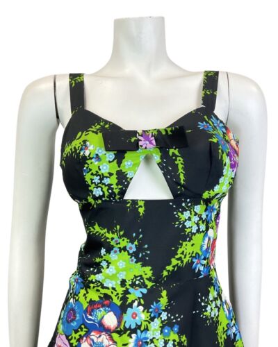 VINTAGE 60s 70s BLACK GREEN BLUE FLORAL BOUQUET CUT-OUT SUMMER SUN-DRESS 12