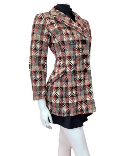 VTG 70s STYLE RED WHITE BROWN GEOMETRIC CHECKED MOD DOUBLE-BREASTED JACKET 10