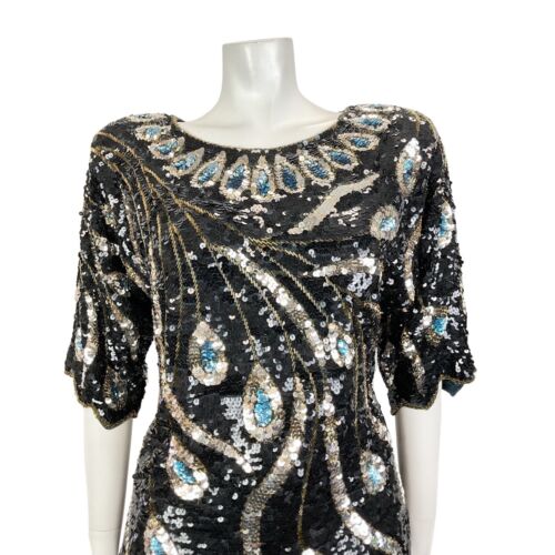 VTG 70s 80s BLACK SILVER BLUE PEACOCK FEATHER SEQUIN DISCO STUDIO 54 TOP 12 14