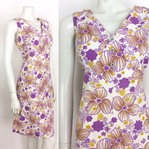 60S VINTAGE WHITE PURPLE TEXTURED PSYCHEDELIC FLORAL SLEEVELESS DRESS 16 18