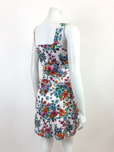 VTG 60s 70s WHITE BLUE RED GREEN FLORAL SWEETHEART PINAFORE APRON SUNDRESS 8