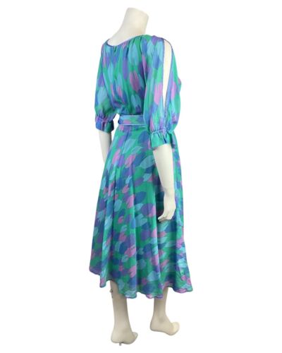 VTG 70s 80s GREEN BLUE PURPLE TULIP ABSTRACT BELTED BLOUSON SWING DRESS 10 12