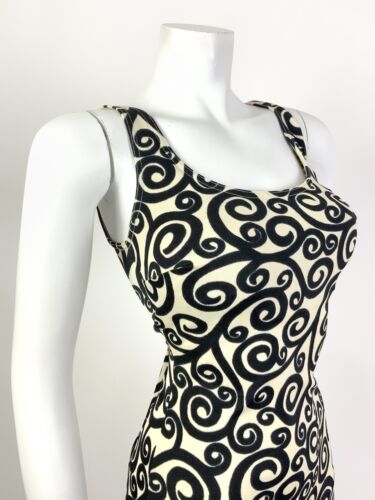 VTG 60s CREAM BLACK SWIRLING SCROLL MOD SWIM BODY BATHING SUIT 12 14