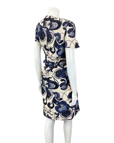 VINTAGE 60s 70s CREAM BLUE PSYCHEDELIC SWIRL FLORAL MOD SHORT DRESS 14 16