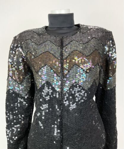 VTG 70s 80s BLACK BRONZE IRIDESCENT DISCO PARTY SEQUIN TROPHY JACKET 14 16