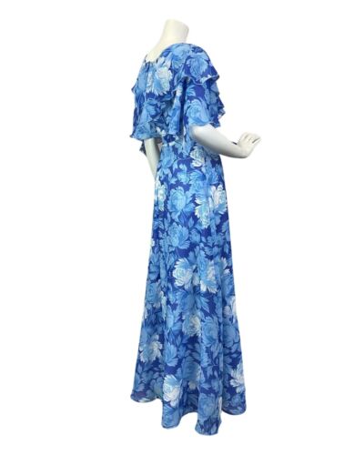 VINTAGE 60s 70s BLUE WHITE FLORAL CAPE SLEEVE SHEER SUMMER MAXI DRESS 6