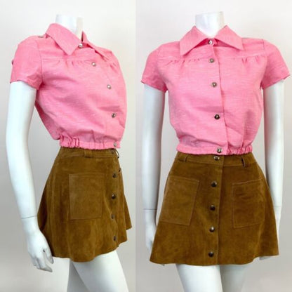 VINTAGE 60s 70s BABY PINK WHITE MOD DAGGER COLLAR CROPPED SHIRT TOP 8 10