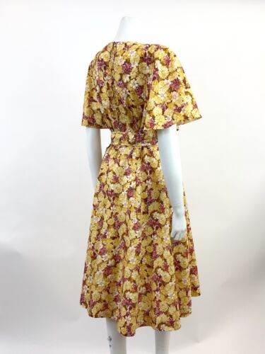 VTG 60s 70s YELLOW RED BROWN FLORAL PSYCHEDELIC BELL SLEEVE SWING DRESS 10 12