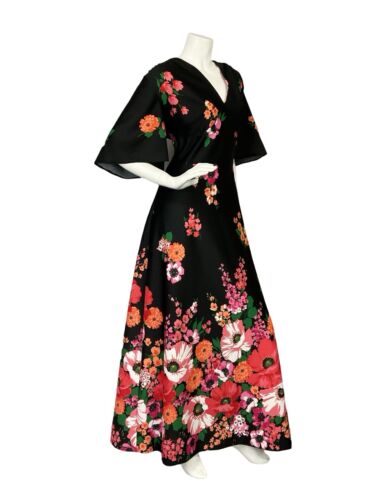 VTG 70S ANGEL SLEEVE BLACK RED PINK FLORAL PLUNGING NECKLINE MAXI DRESS 14 16