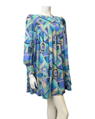 VINTAGE 60s 70s BLUE PURPLE CREAM GEOMETRIC PLEATED MOD TENT DRESS 8 10