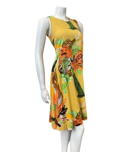 VINTAGE 70s YELLOW ORANGE GREEN PALM LEAF TROPICAL SLEEVELESS FLARED DRESS 8 10
