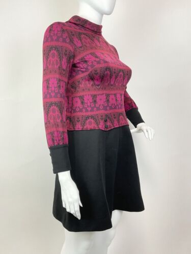 VTG 60s 70s PINK PURPLE BLACK PSYCHEDELIC FLORAL MOD TURTLENECK SCOOTER DRESS 16