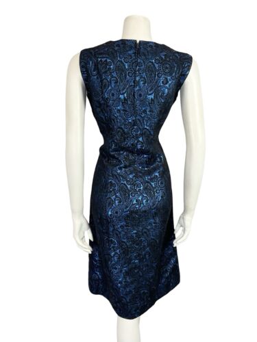 VTG 60S NAVY BLUE BLACK PAISLEY BROCADE N NECK SLEEVELESS PARTY MIDI DRESS 12