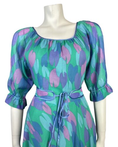 VTG 70s 80s GREEN BLUE PURPLE TULIP ABSTRACT BELTED BLOUSON SWING DRESS 10 12