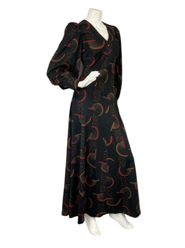 VTG 70S BLACK RED BROWN GEOMTRIC ROMNTIC BISHOP SLEEVE BASQUE WAIST MAXI DRESS 8