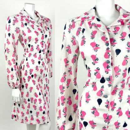 VTG 60s 70s WHITE PINK BLUE FRUITY PEAR DAGGER COLLAR SHIRT DRESS 14