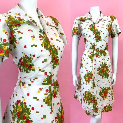 VTG 60s 70s WHITE RED GREEN YELLOLW GEOMETRIC FLORAL MOD DAGGER SHIRT DRESS 14