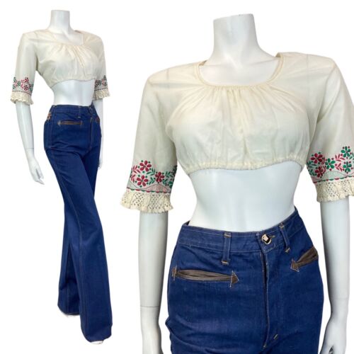 VTG 70s WHITE RED GREEN FLORAL EMBROIDERED CROCHETED BOHO PRAIRIE CROPPED TOP 10