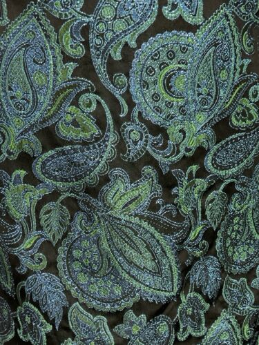 VTG 60S BLACK BLUE GREEN METALLIC PAISLEY FLORAL EMPIRE STRAPPY PARTY DRESS 8 10