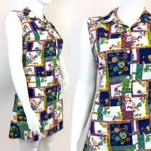 VTG 60s 70s WHITE BLUE PURPLE PATCHWORK FLORAL FOLK MOD DAGGER SHIRT DRESS 18 20