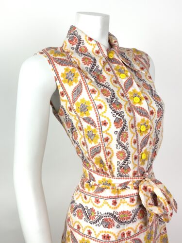 VTG 60s 70s WHITE ORANGE BROWN YELLOW STRIPED FLORAL DAGGER SHIRT DRESS 10 12