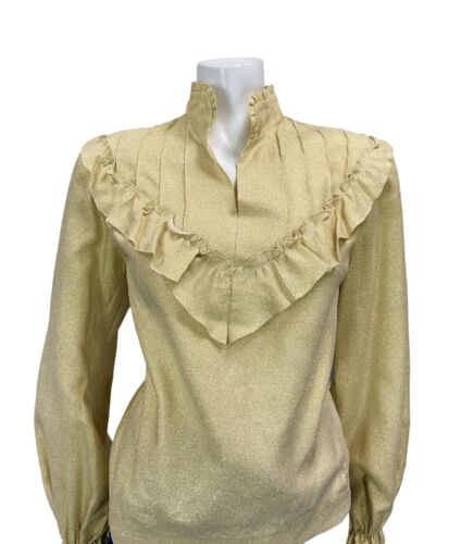 VTG 70S LIGHT GOLD SPARKLING RUFFLE BIB COLLAR BALLOON SLEEVE PARTY BLOUSE 12 14