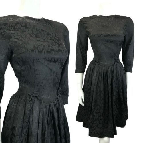 VTG 60S BLACK LEOPARD PRINT BROCADE FITTED DROPPED WAIST BOW PARTY LBD DRESS 6