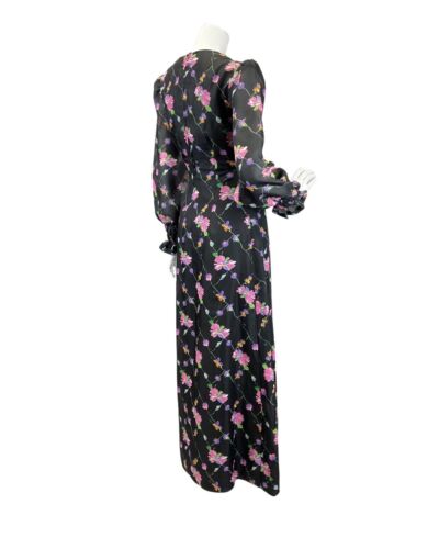 VINTAGE 60s 70s BLACK PINK PURPLE FLORAL VINE SHEER MAXI DRESS 12